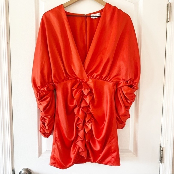 LOVER’S + FRIENDS Revolve Walgrove Ruffle Ruched Mini Dress Fire Orange Party - Picture 3 of 13